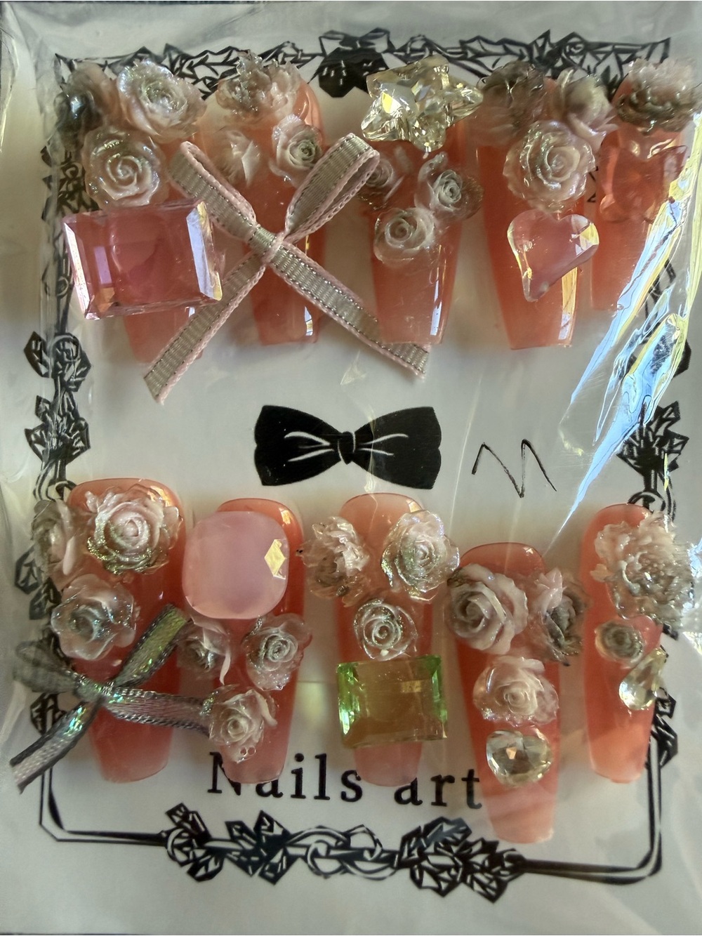 Peach Pink 3D Floral Rhinestone Press-On Nails